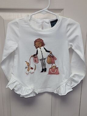 Cynthia Rowley White Long-Sleeve Ruffle Hem Top with shopping girl Graphic 12mo.